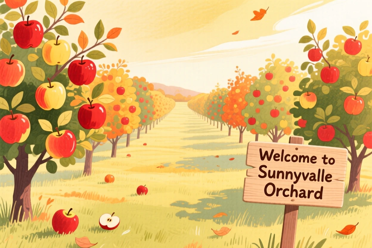A sweeping view of an orchard heavy with ripening apples during golden autumn.