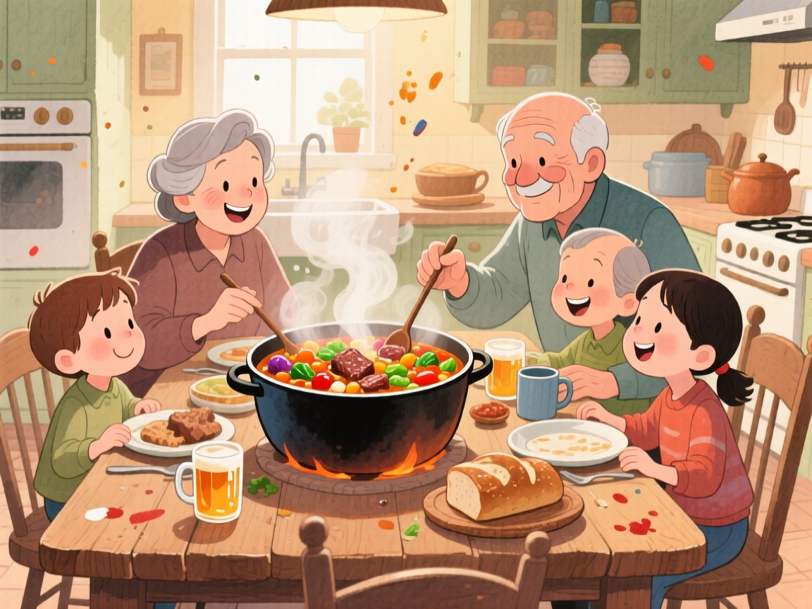 A family gathered around a table sharing a pot of simmering stew, brimming with festive, mouthwatering delight.