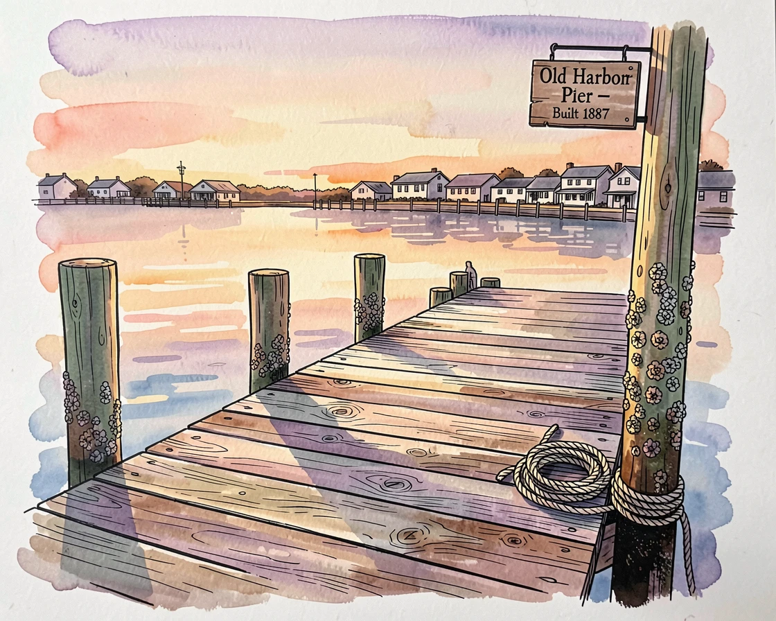 A weathered pier stretching into a calm harbor at sunset, a gentle stillness settling over the historic setting.