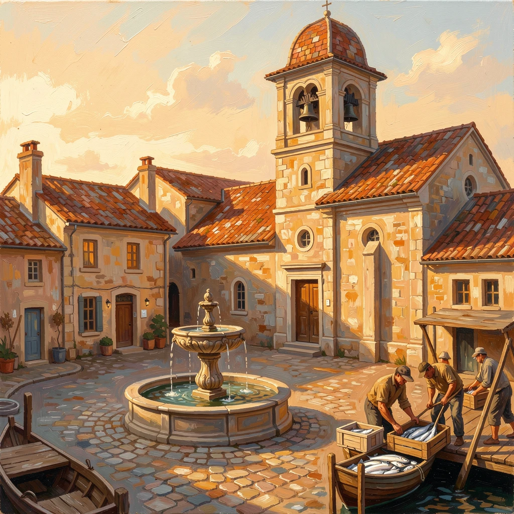 At golden hour, rooftops glowing warmly in the low sun, a cobblestone village square with a central fountain, beside an old stone church with a tall bell tower, fishermen unloading their catch at the harbor.