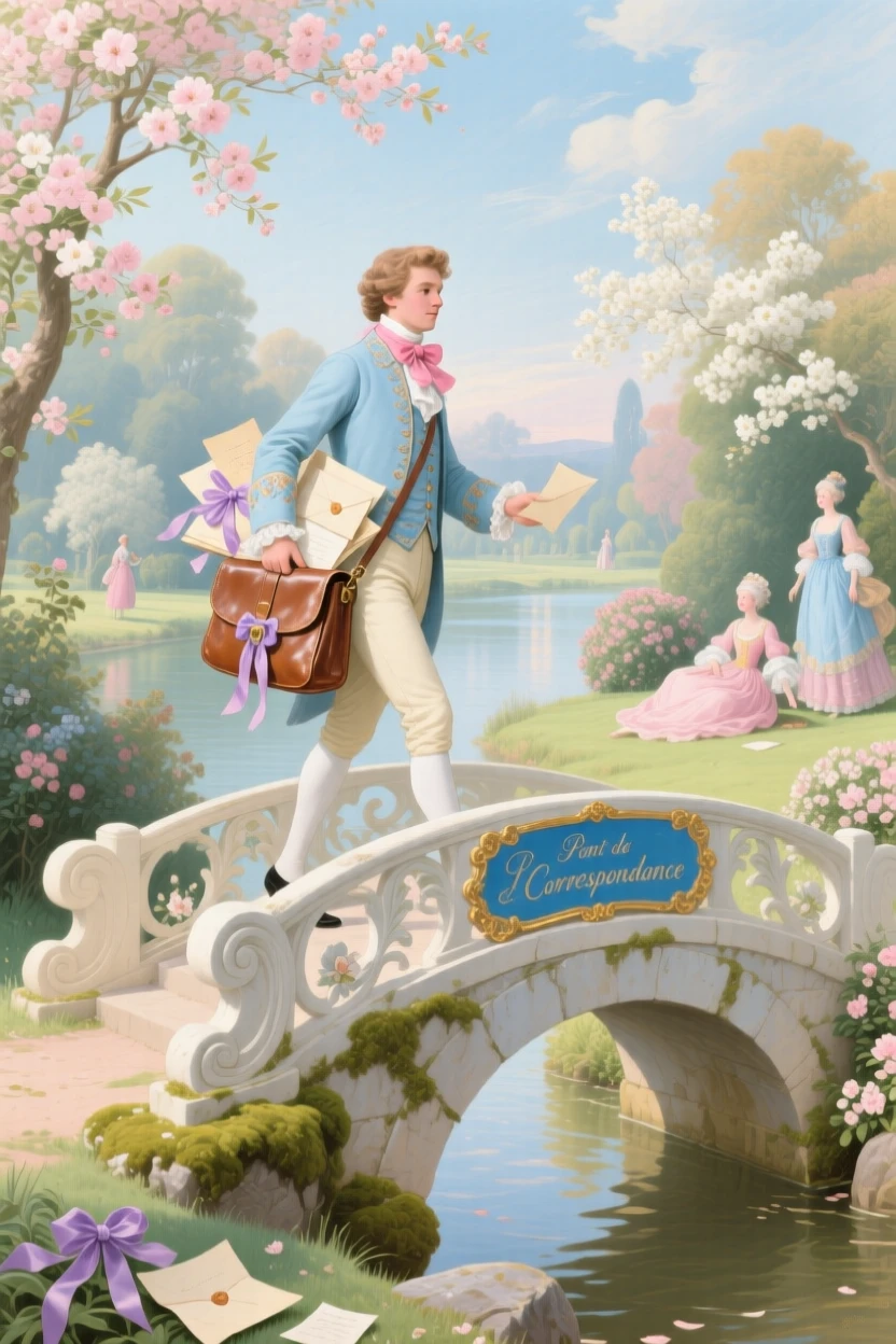 A letter carrier crossing a stone bridge with a satchel full of messages  