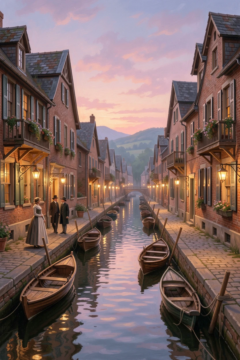 A canal city glows with reflected lantern light on a quiet evening.