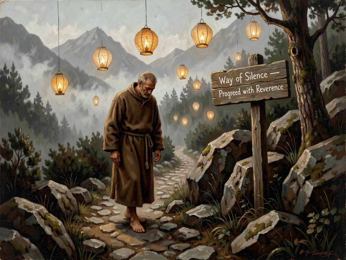 A wandering monk walking a path lit by floating lanterns through misty mountains, as swirling mist and atmosphere add mystery to the scene, creating a scene that feels both magical and entirely believable