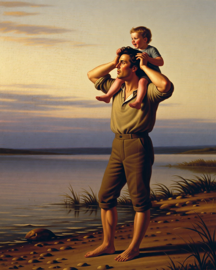 A father lifting his laughing toddler onto his shoulders as gentle affection passes easily between generations, set beside a lakeshore glowing under a soft evening sky, with small, telling gestures like a held hand or a shared glance; warm, low light wraps the family in a comforting glow, radiating warmth, comfort, and belonging.