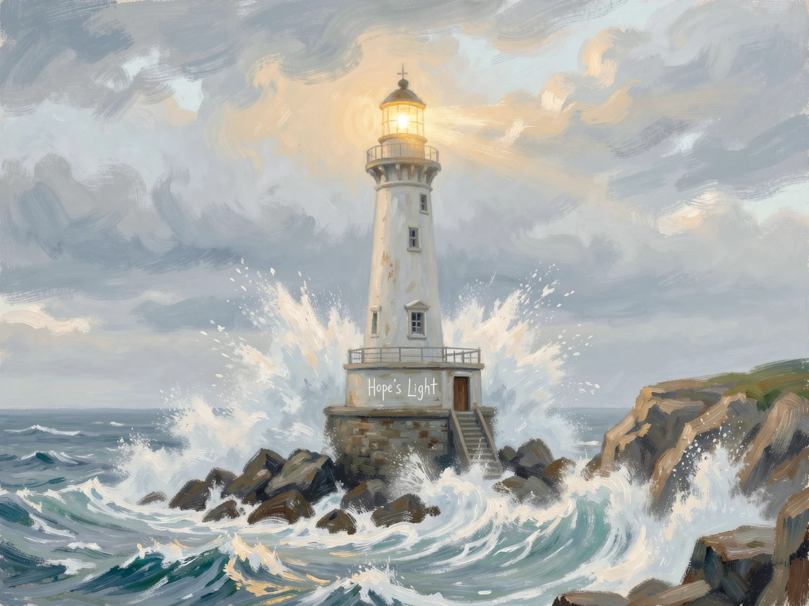 Massive waves crashing against a lighthouse during a fierce coastal storm, spray illuminated by the beacon light, capturing a fleeting moment of pure happiness.