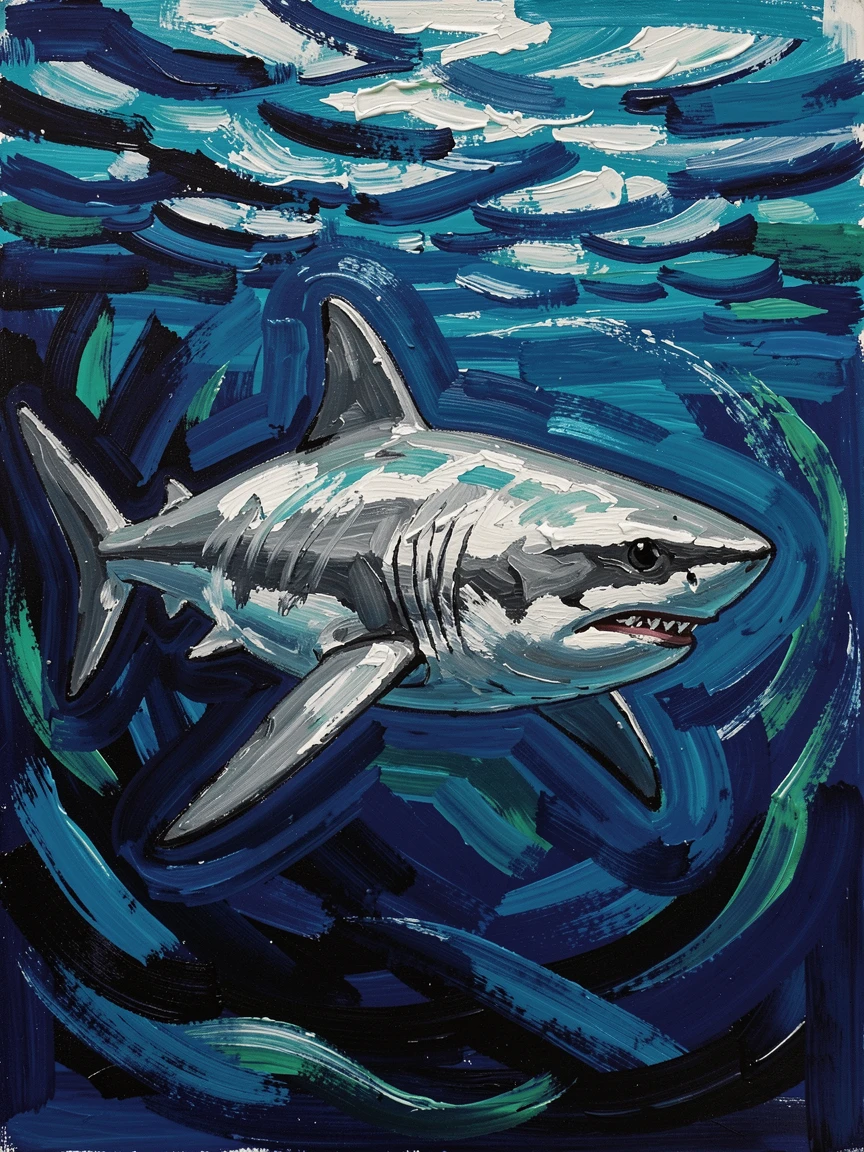 A great white shark gliding silently beneath the surface of deep blue water.