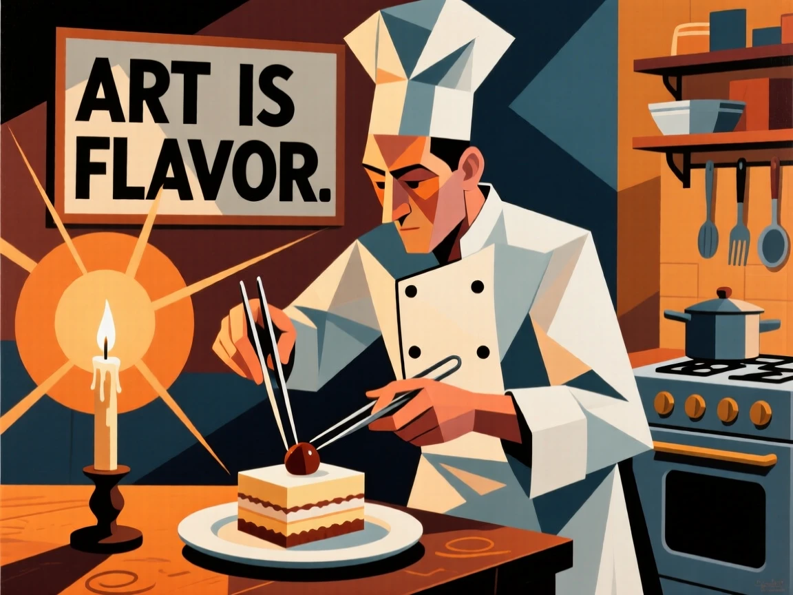 A chef plating a delicate dessert with tweezers in a candlelit kitchen.