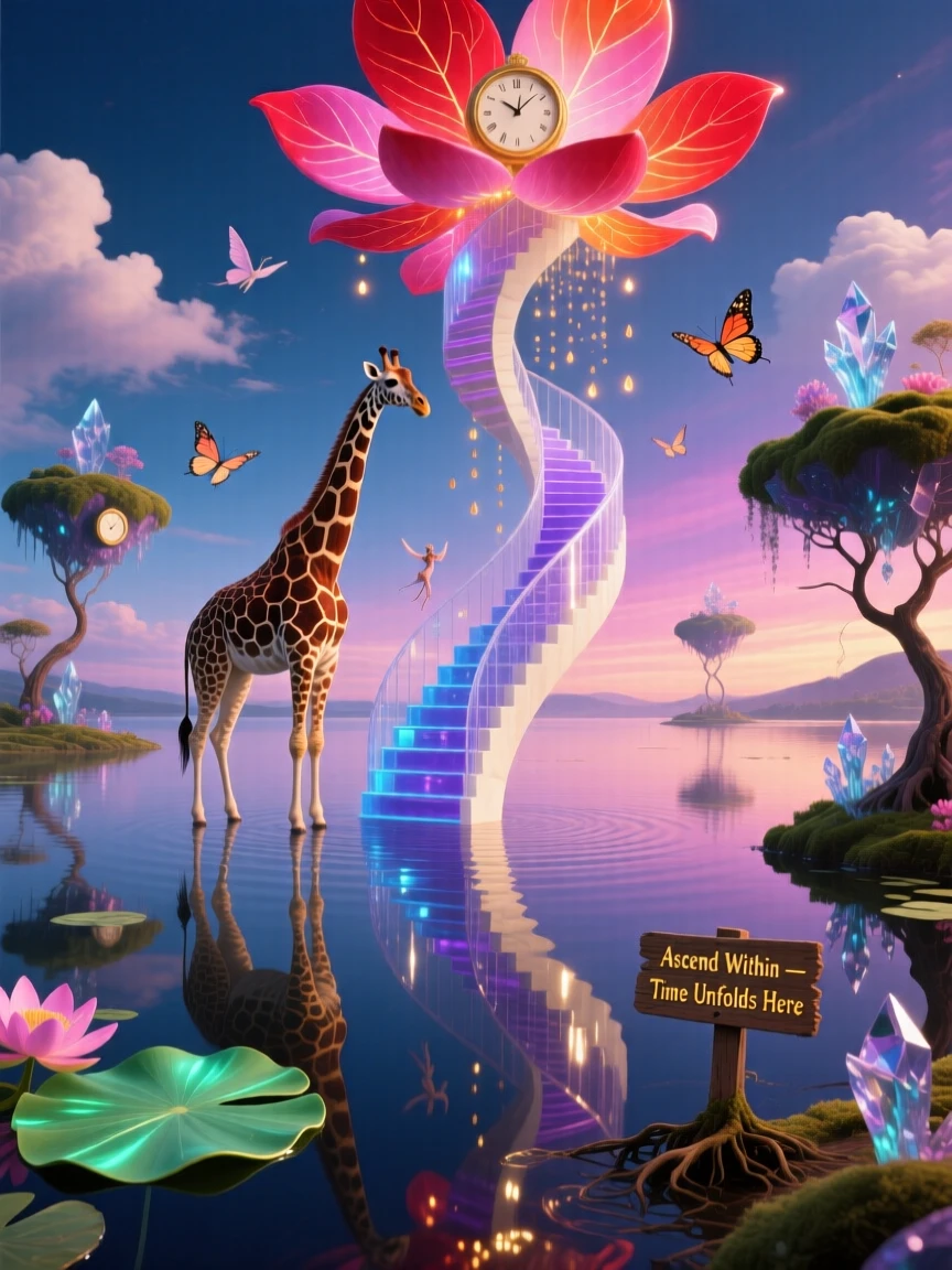 A giraffe whose neck stretches into a spiral staircase wanders along the edge of a mirror-smooth lake, as flower petals fall gently from a clear sky.