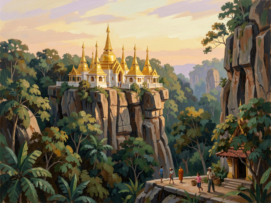 A hidden Buddhist temple carved into limestone cliffs in Myanmar shows golden stupas catching afternoon light above dense jungle canopy, distant figures going about their day, lending the scene a sense of genuine daily life.