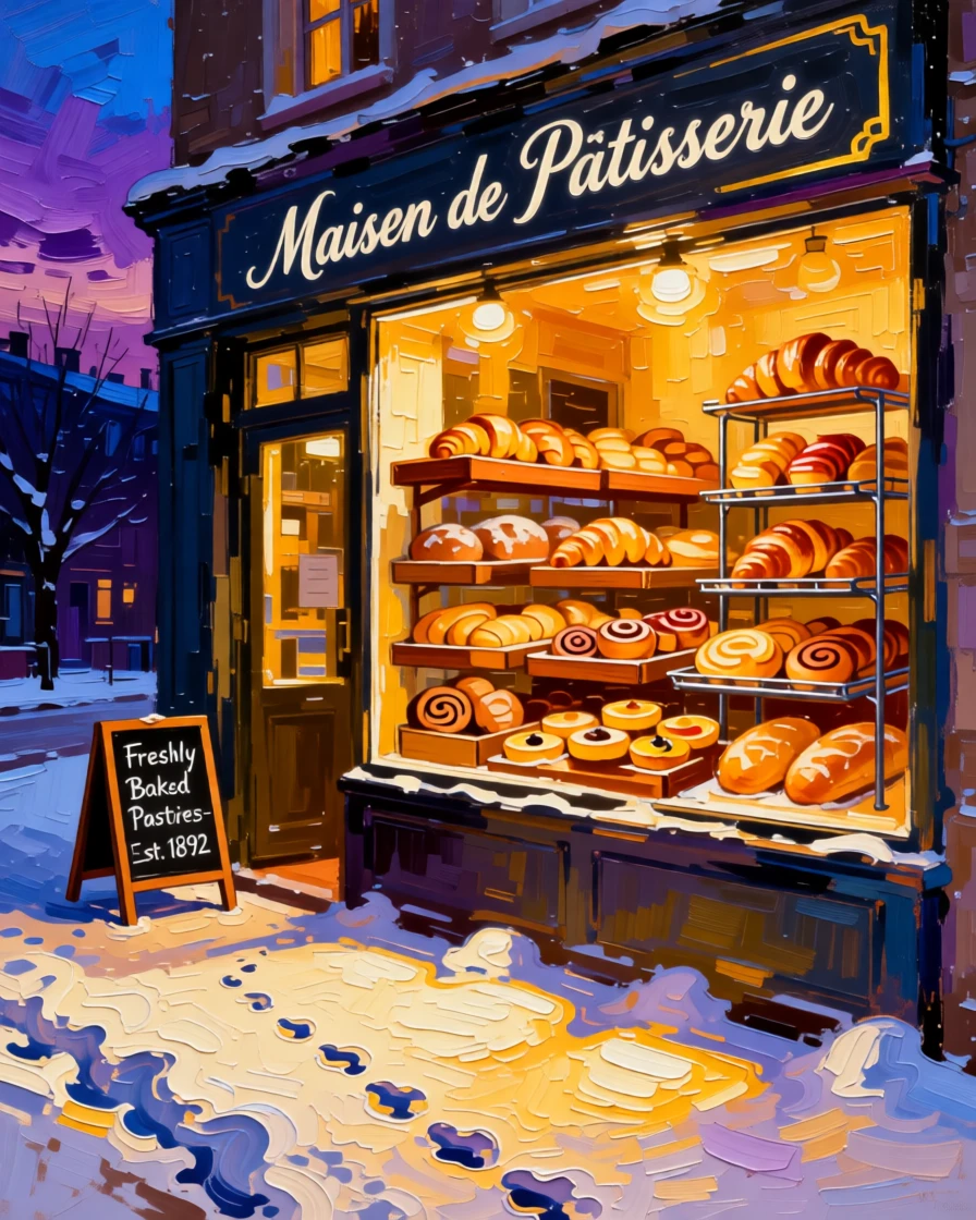 A small bakery window filled with pastries, warm light spilling onto a snowy sidewalk at dusk