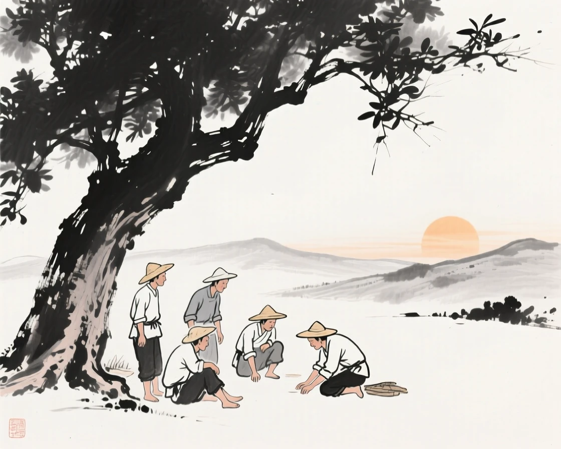A group of farmers rests beneath a shade tree during the midday heat, as the sun begins to set behind distant hills.