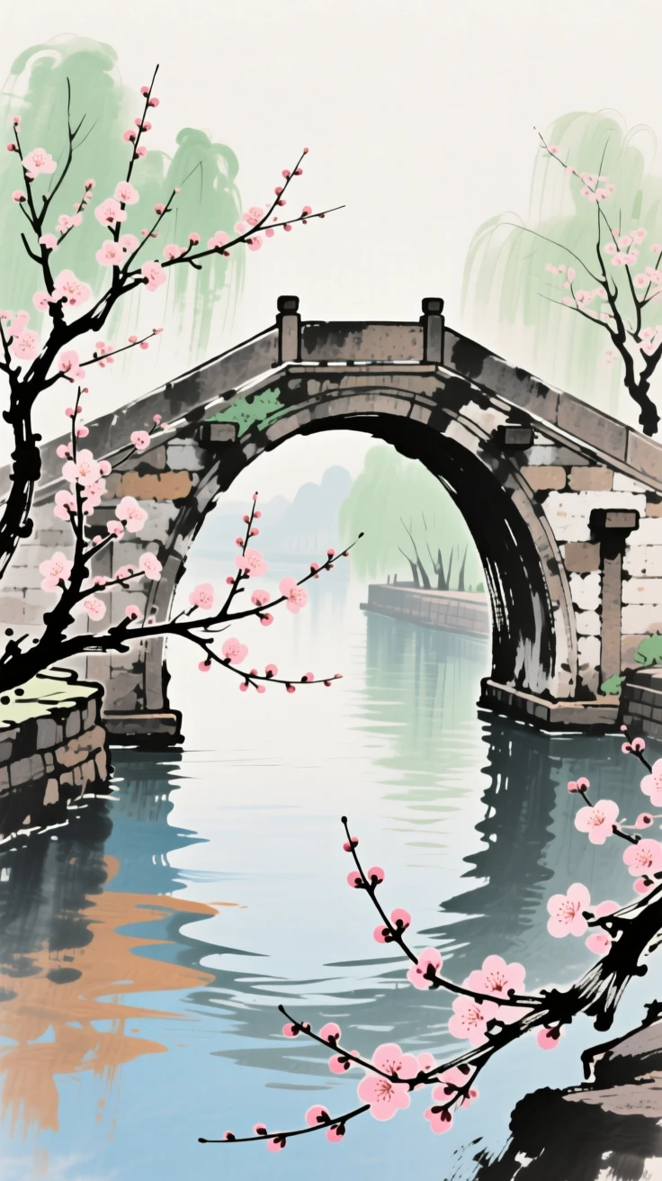 An ancient stone bridge arching gracefully over a quiet canal, conveying a deep sense of harmony with nature, as spring blossoms unfold.