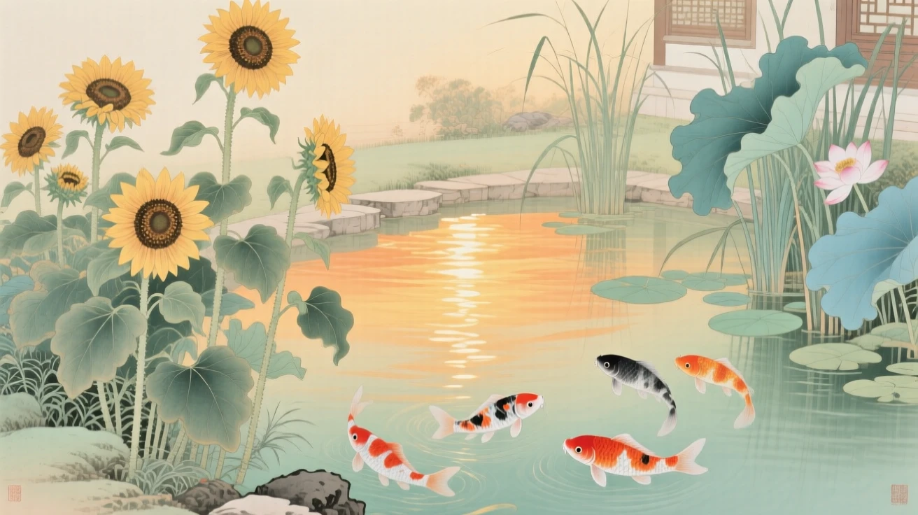 Sunflowers turning toward the afternoon light beside a koi pond at golden hour