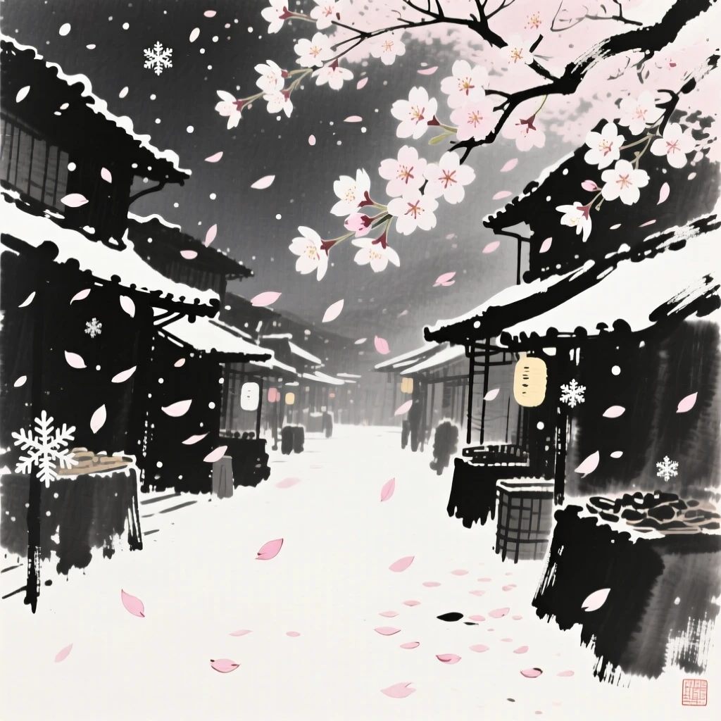Cherry blossom petals swirling through a spring evening market, framed through drifting petals or falling snow for depth, suggesting nostalgia and gentle celebration.