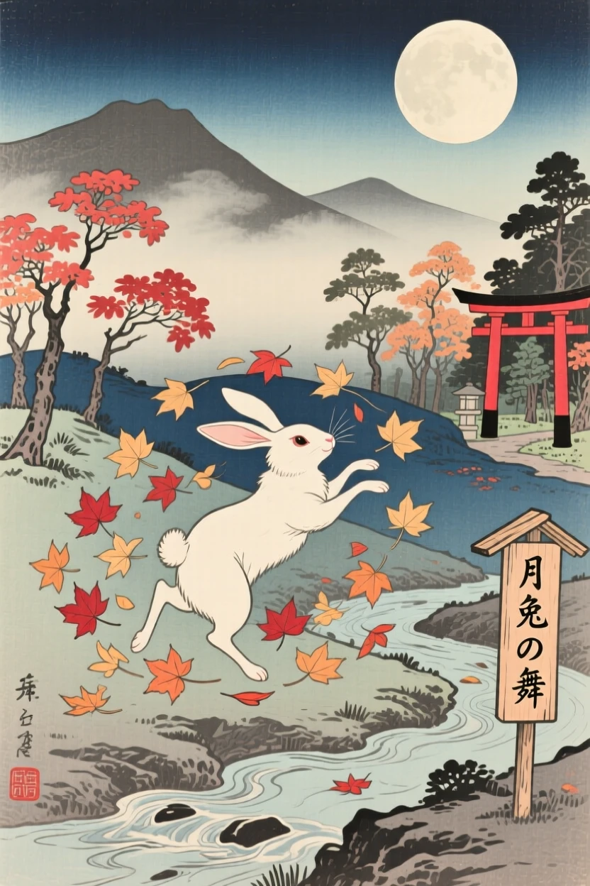A moon rabbit swirling autumn leaves through a clearing.