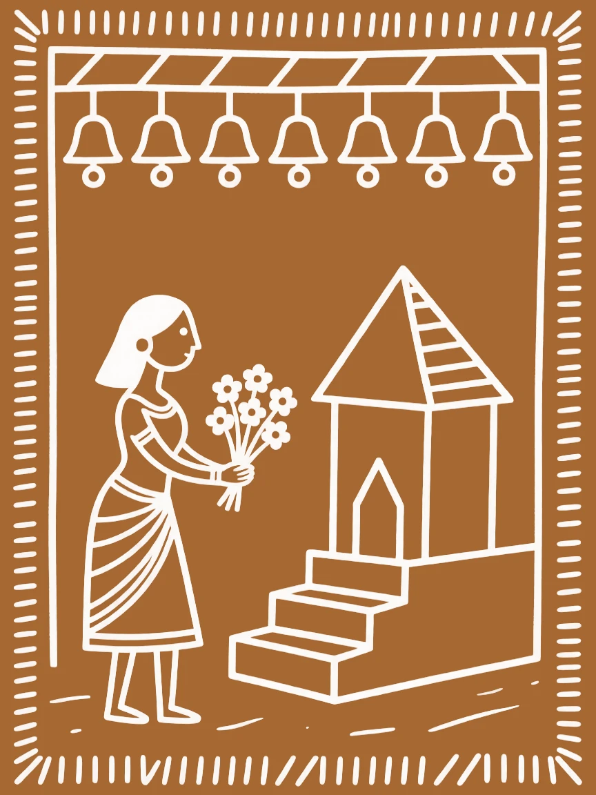 A woman offering flowers at a small shrine beneath a canopy of temple bells.