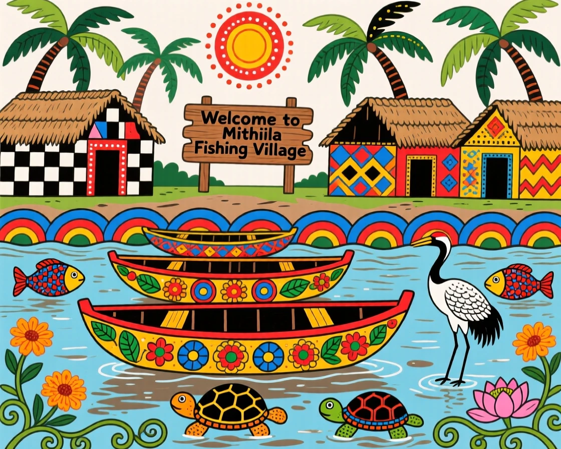 A fishing village with brightly painted boats resting at low tide.