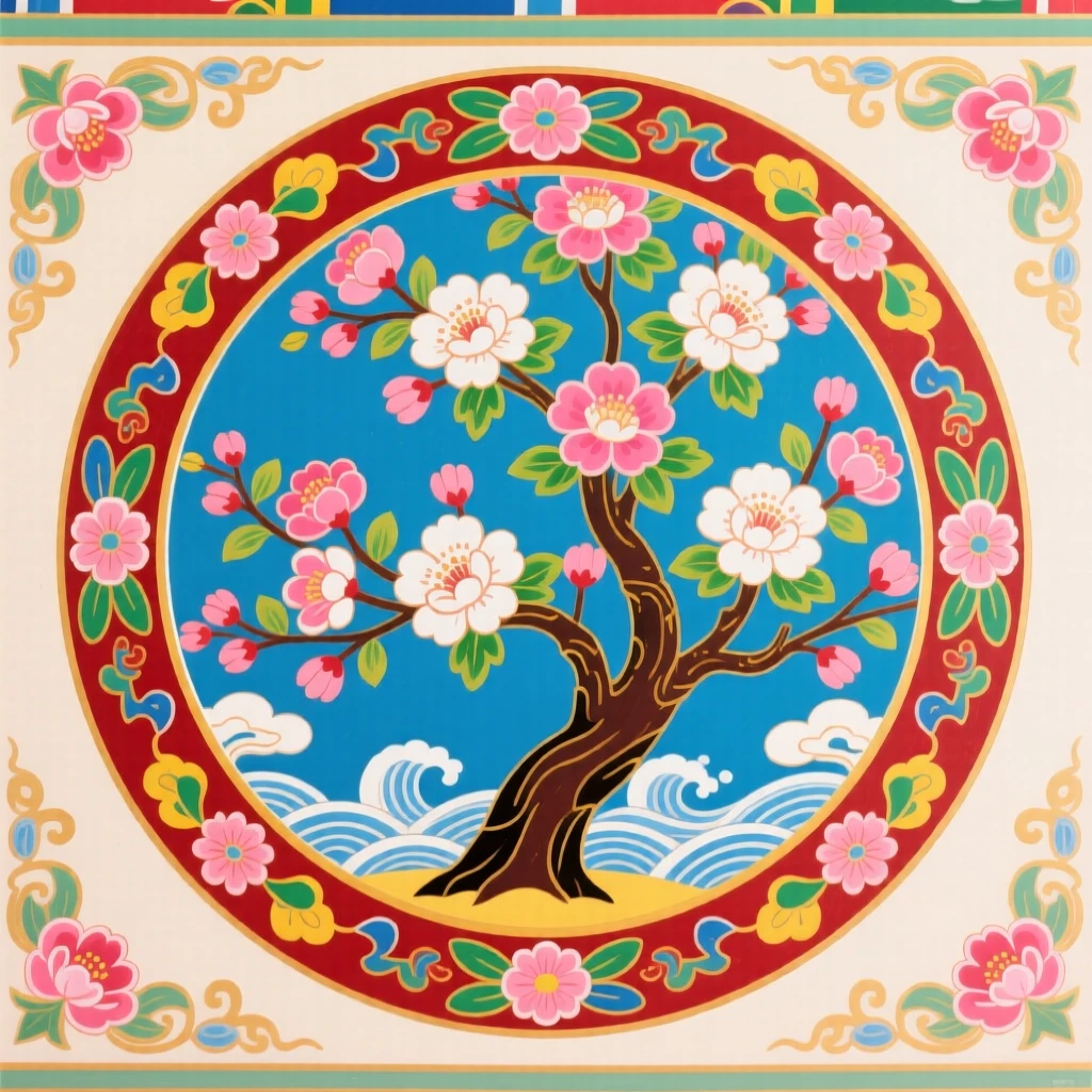 A round mirror reflecting a blossoming tree, symbolizing clarity and self-reflection.