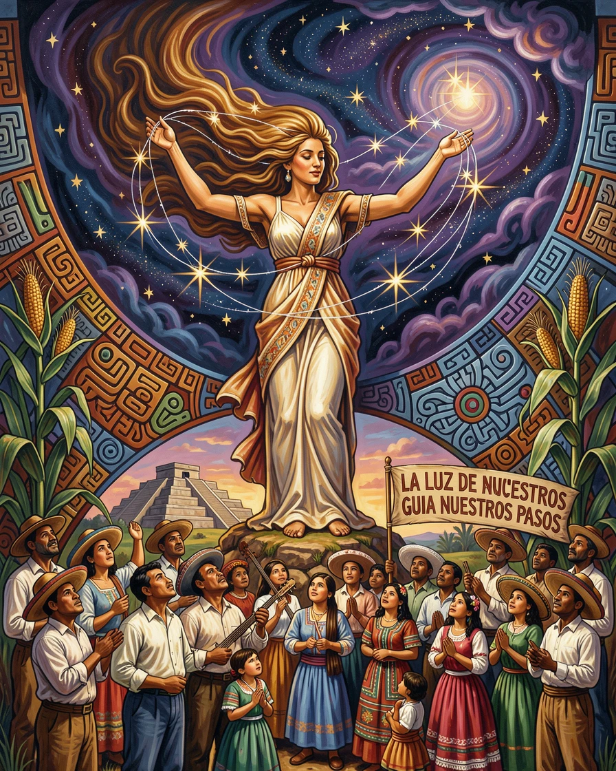 A sky goddess weaving stars into the night