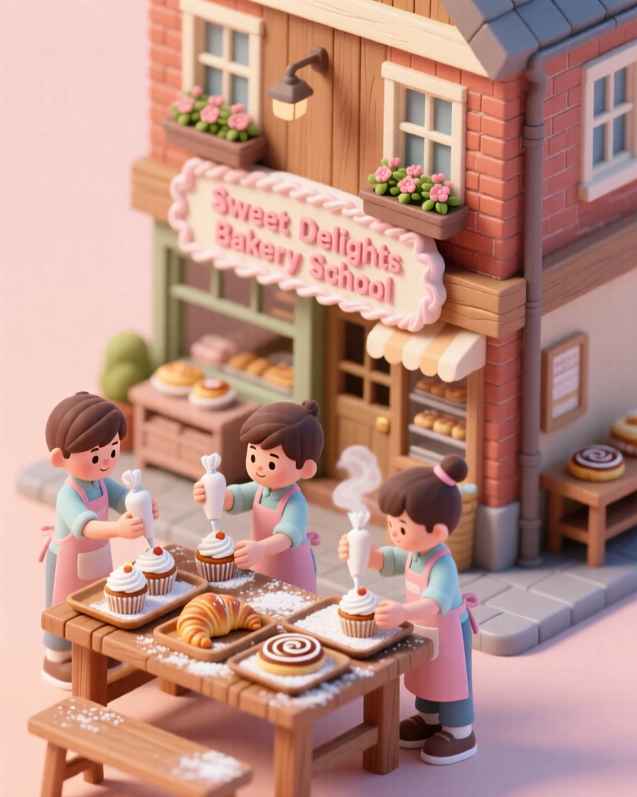 A quaint small-town bakery school where students learn to pipe frosting, flour dusting their aprons, and trays of pastries cooling.