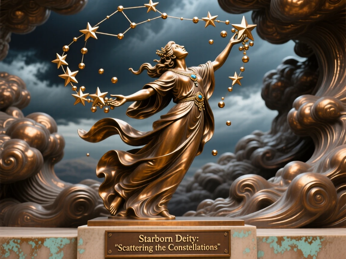 A starborn deity scattering constellations across the sky, framed by dramatic storm clouds, radiating awe and grandeur