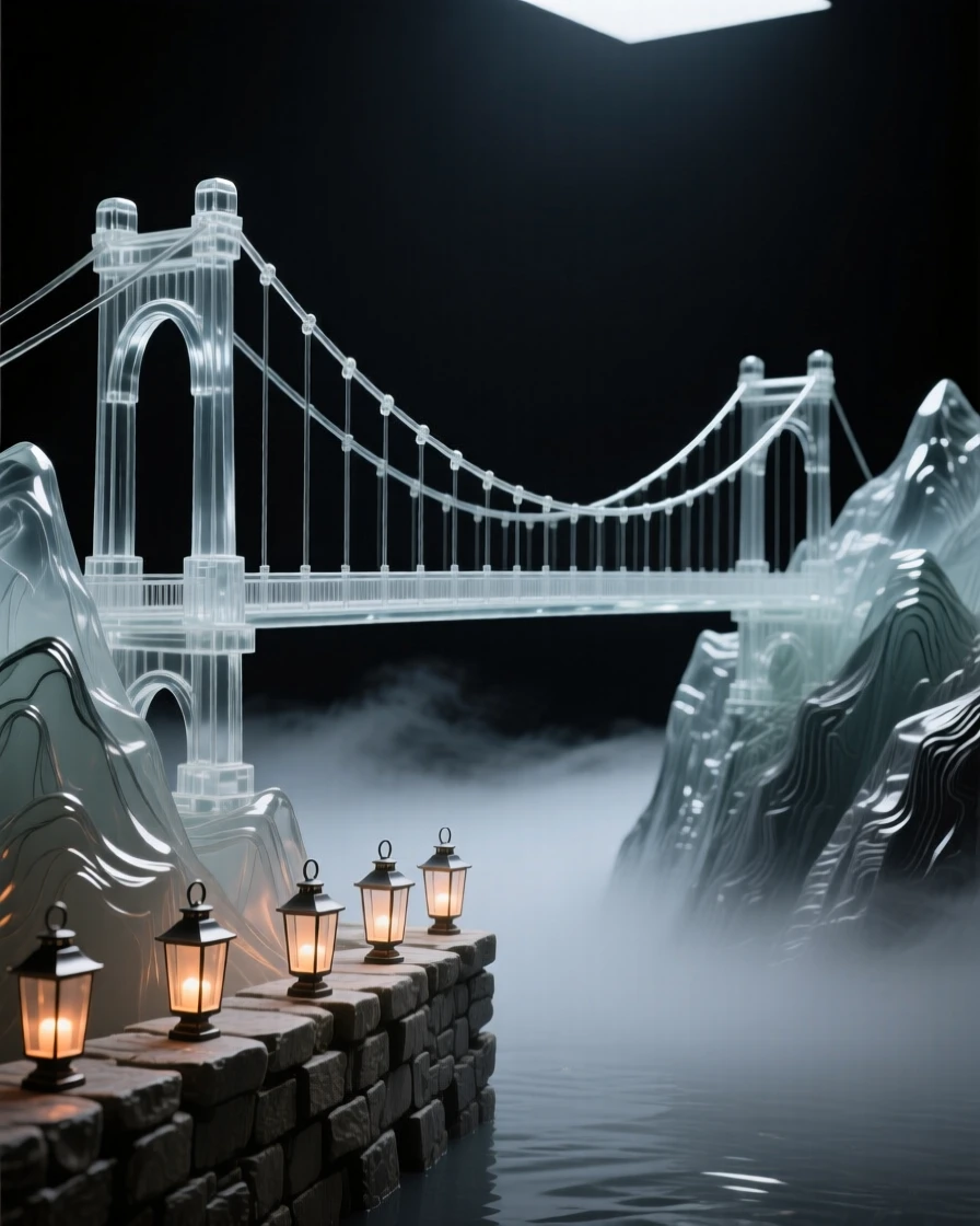 A suspension bridge stretching across a wide misty gorge with mountains rising steeply behind the old stone walls, while lanterns begin to glow one by one along the street
