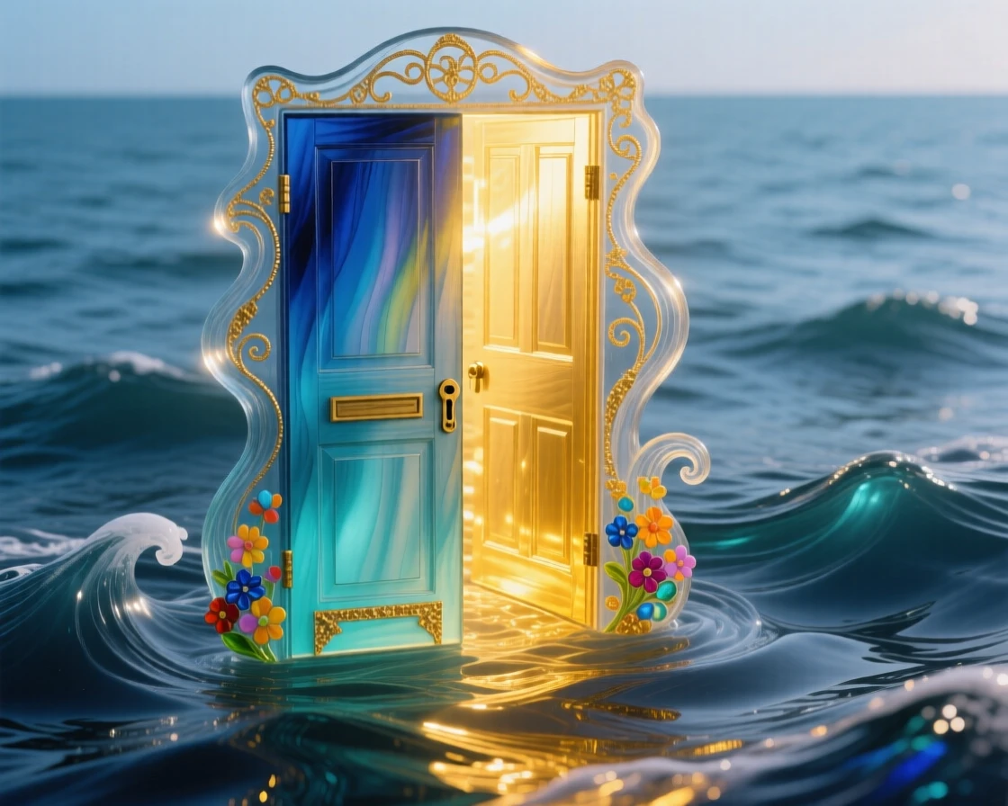 A door floating alone in the middle of the ocean, opening to golden light, mysterious and symbolic.