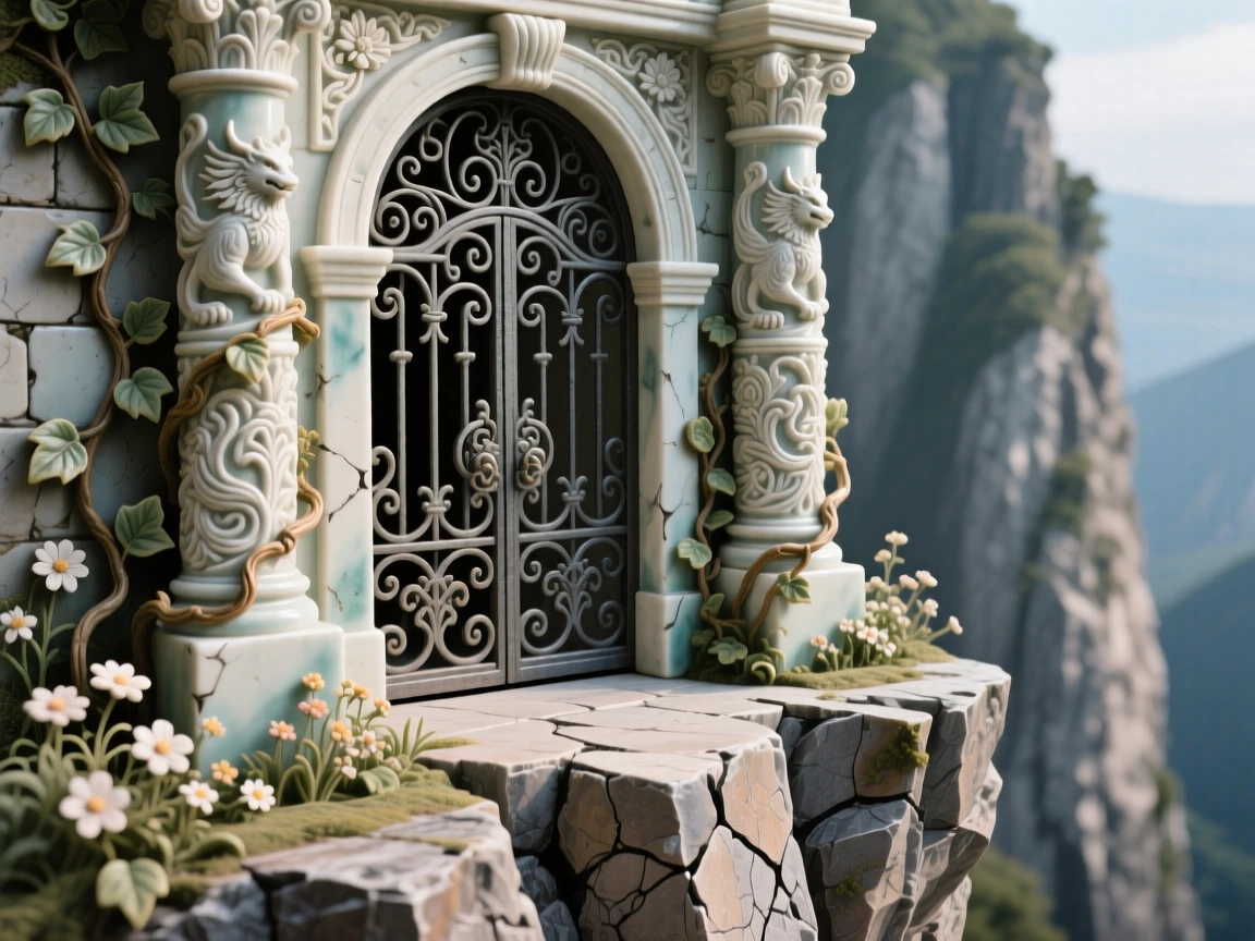 An ornate palace gate flanked by carved pillars perched dramatically at the edge of a cliff, surrounded by climbing ivy and wildflowers, evoking timeless wonder and quiet grandeur.