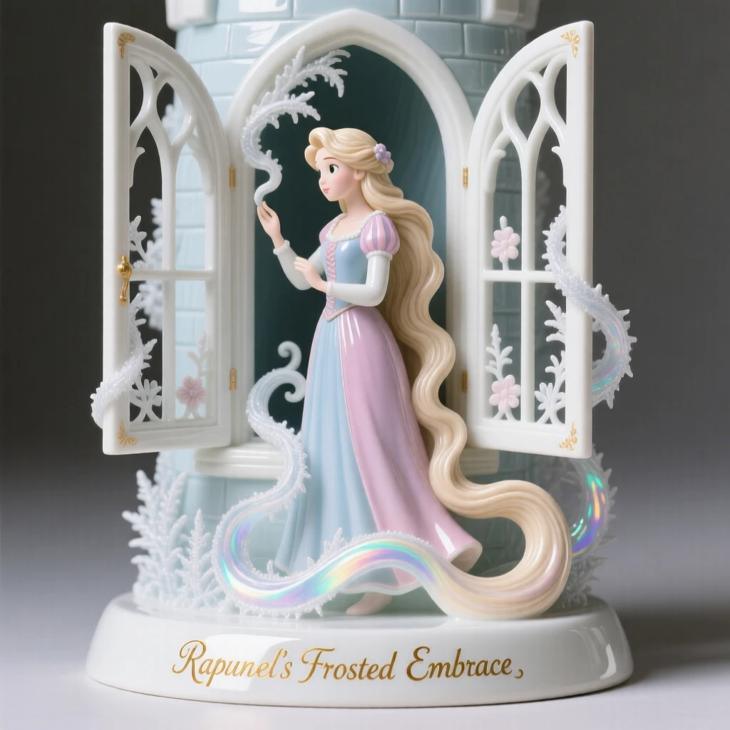 A storybook depiction of Rapunzel at her tower window commanding swirling patterns of frost, rendered with warm, nostalgic charm.