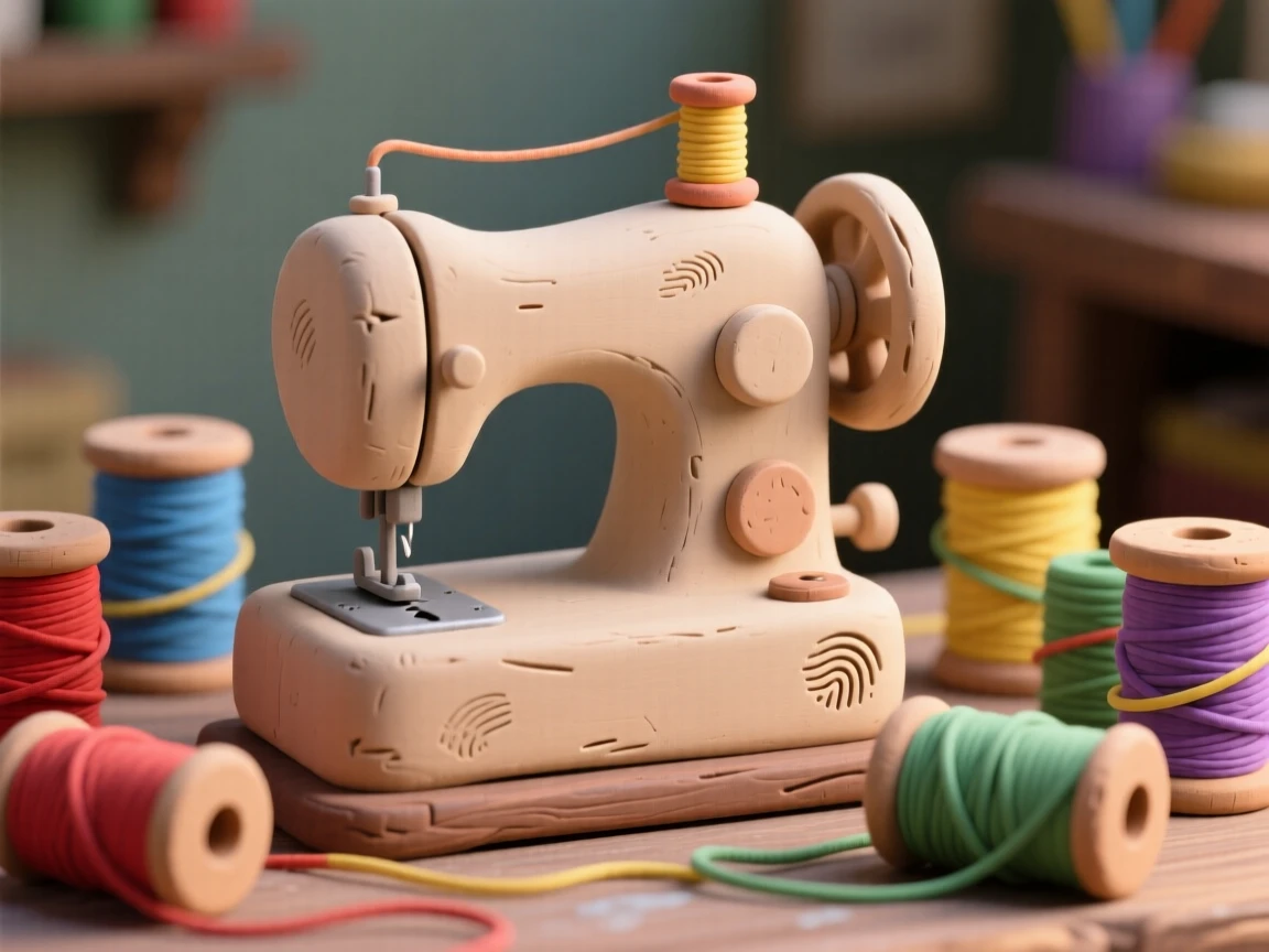 A vintage sewing machine surrounded by spools of colorful thread