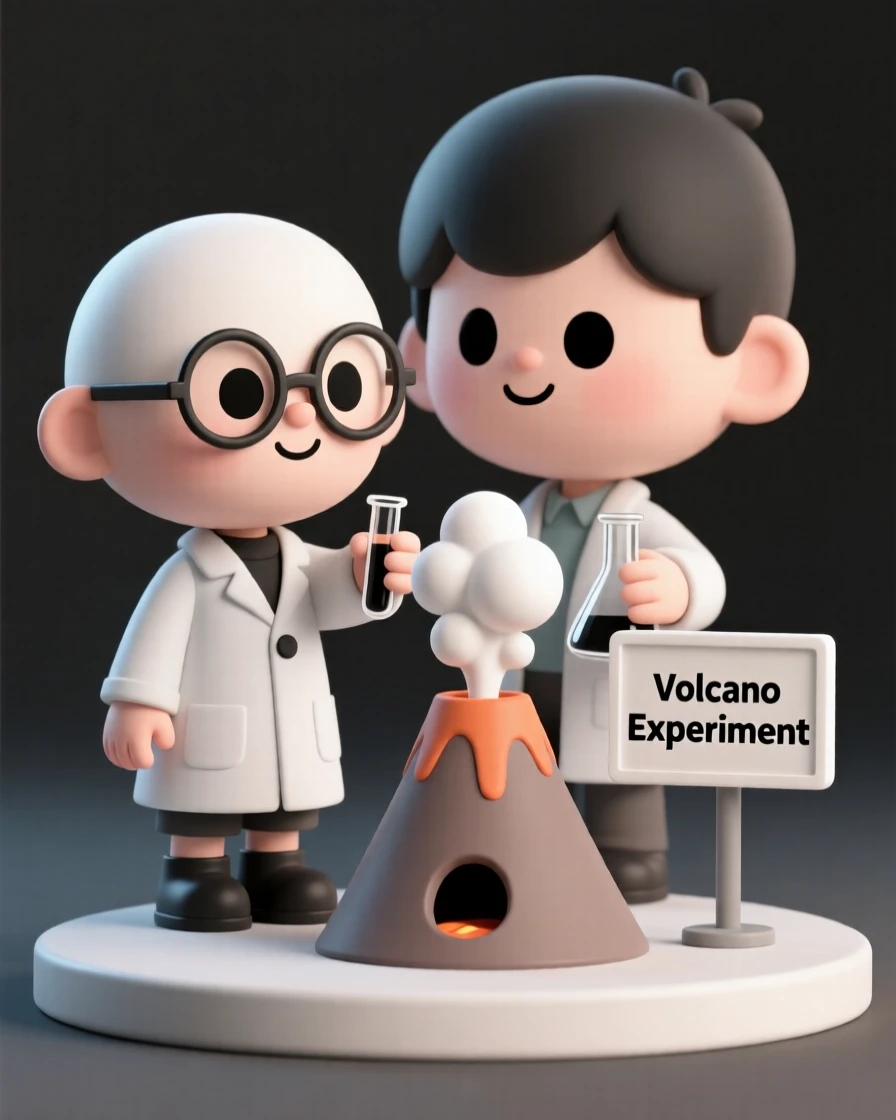 A curious child scientist mixes baking soda and vinegar, delighted as a volcano model erupts with foam.