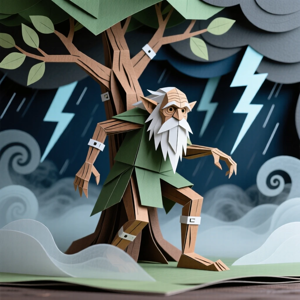 A wise old tree ent riding through a storm-lit sky, with swirling mist wrapping around the scene, capturing epic scale and wonder.