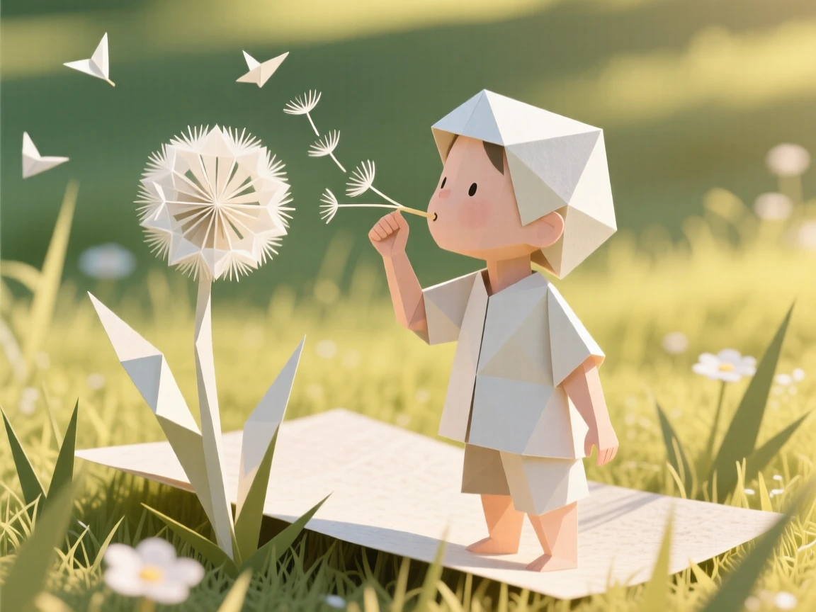 A child blowing dandelion seeds into the wind on a sunny meadow afternoon.