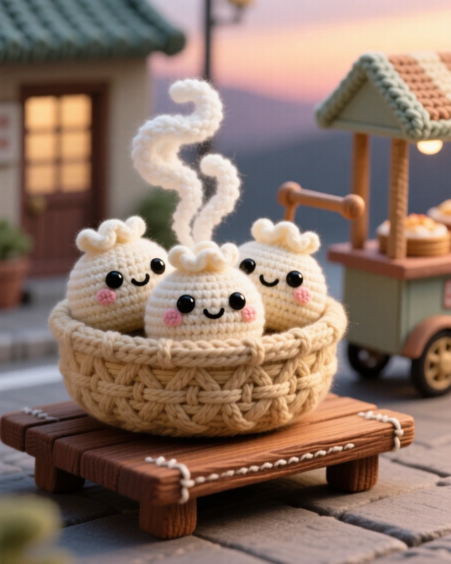 a plump dumpling dim sum trio, arranged neatly together, steaming gently in a shared basket, displayed in a small street food cart at dusk, with a rustic wooden serving board, radiating bright, appetizing cheerfulness.