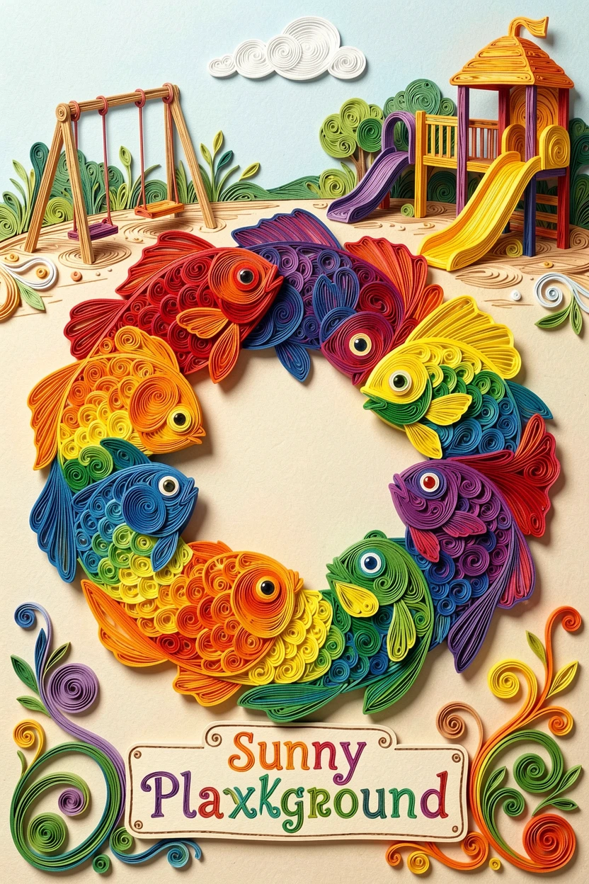 A whimsical children's scene of a school of rainbow fish swimming in a circle on a sunny playground with swings and slides, in a cheerful rainbow palette, composed with a fun, exaggerated sense of scale.