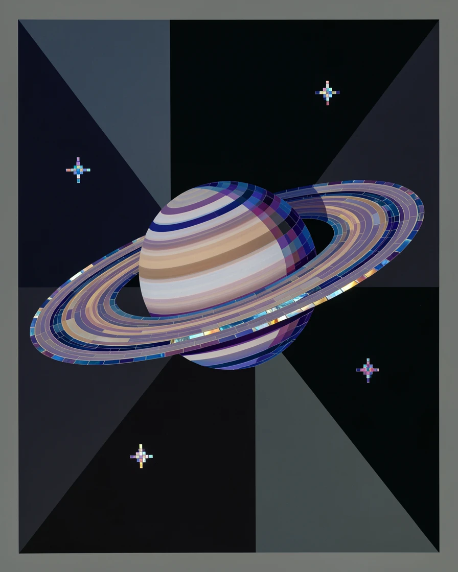 The rings of saturn glowing softly against the darkness of space, rendered in vivid deep color with luminous detail.