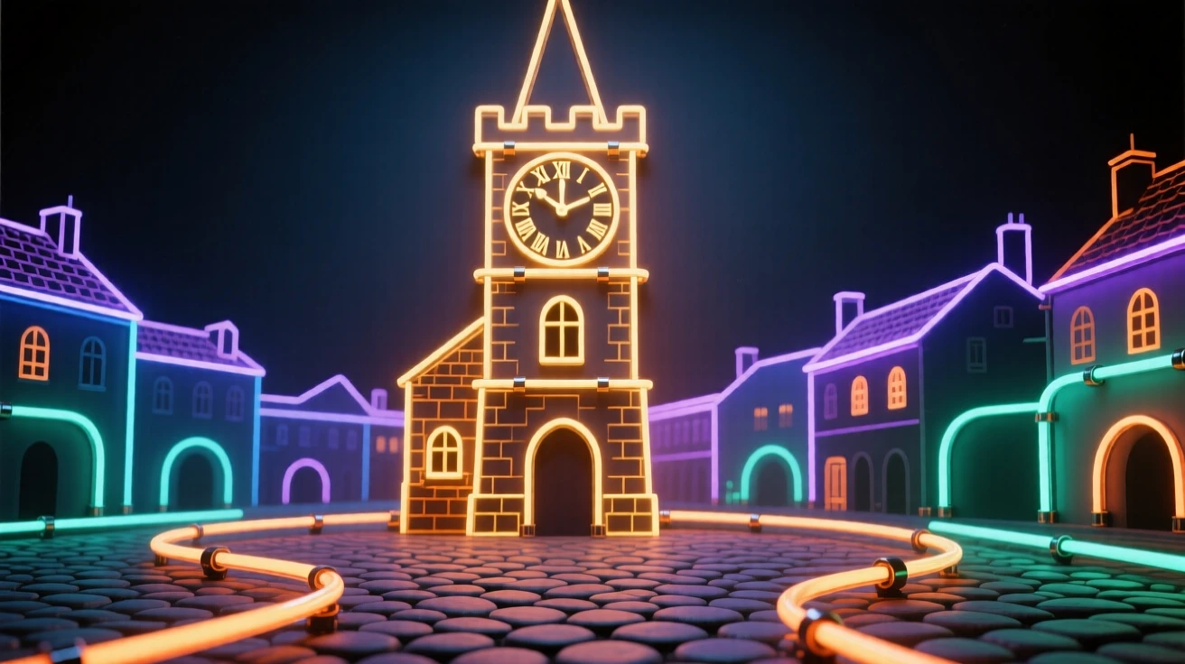 A medieval clock tower overlooking a cobblestone town square.