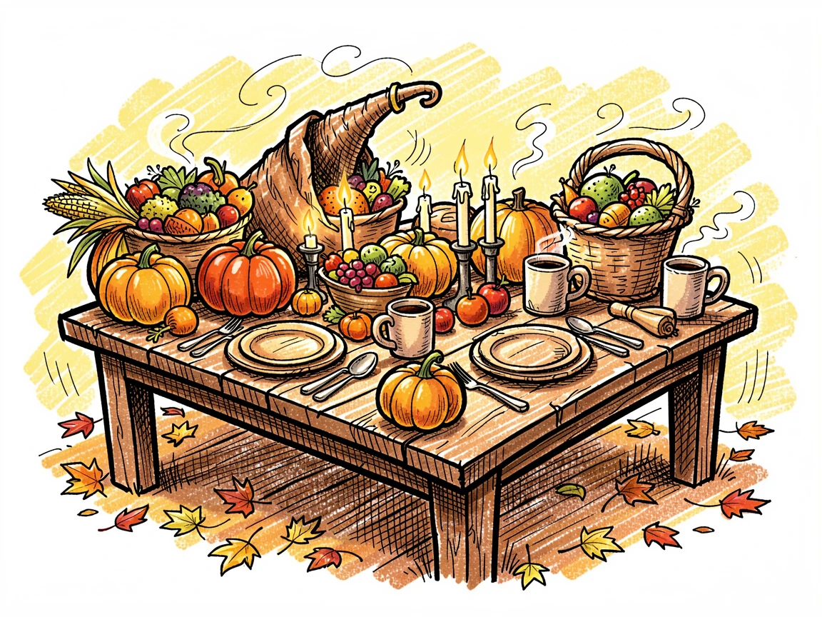 A table set for a harvest feast during a golden autumn afternoon.
