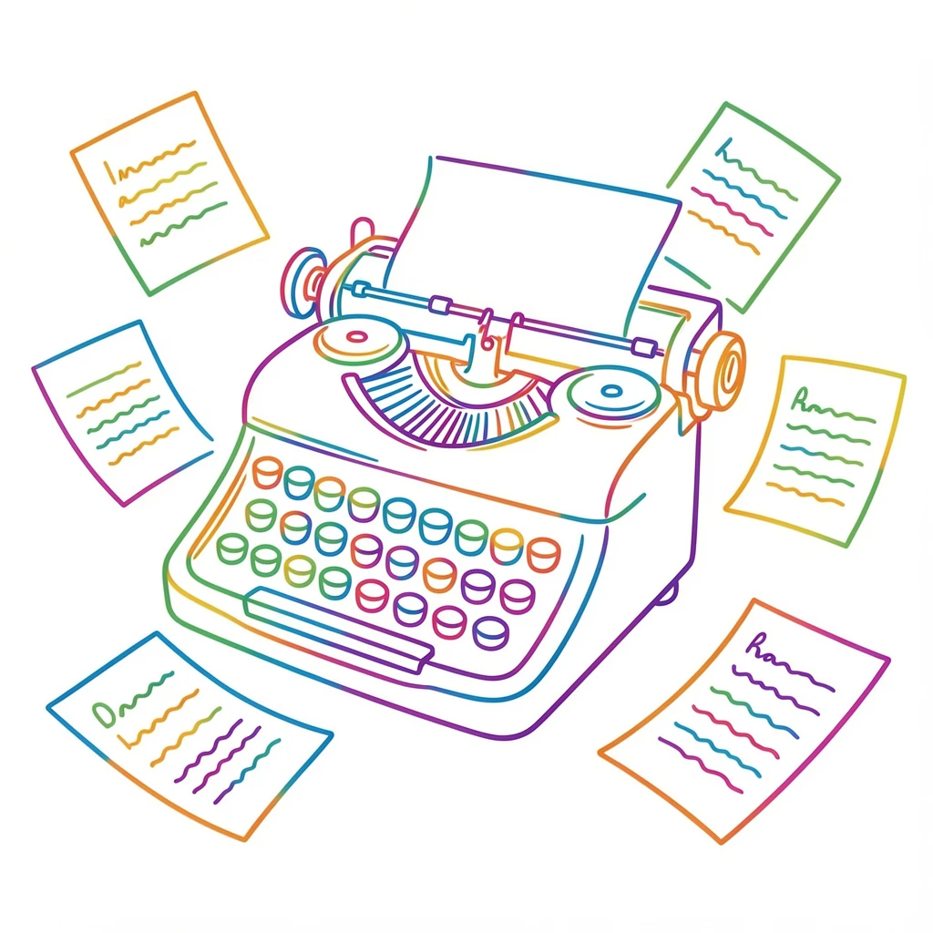 A vintage typewriter surrounded by scattered handwritten pages.