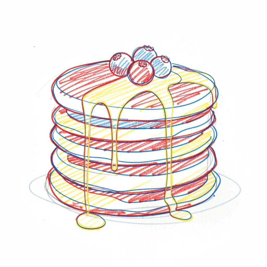 A stack of fluffy pancakes drizzled with syrup and topped with berries