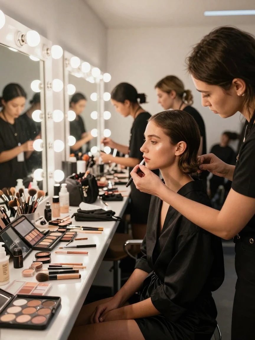 A makeup artist applying finishing touches before a runway show