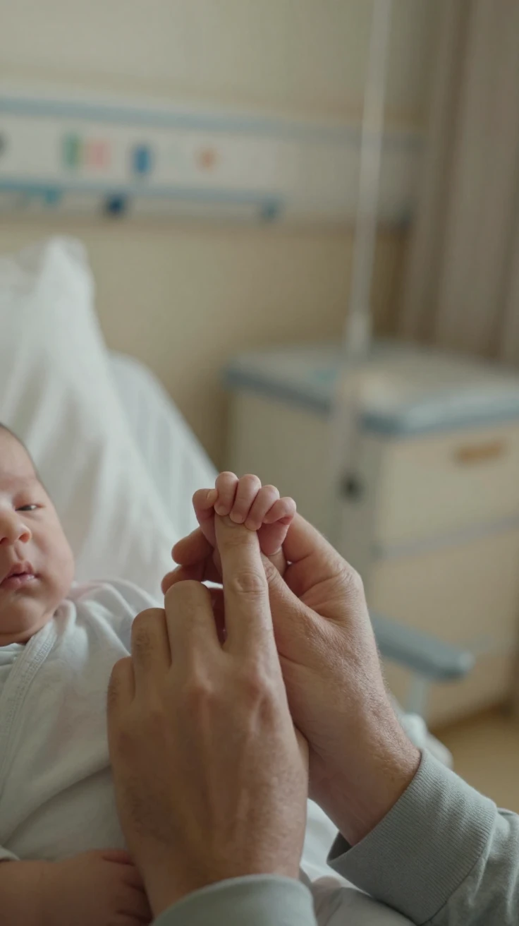 A newborn's tiny hand wraps around a father's single finger in a hospital room.