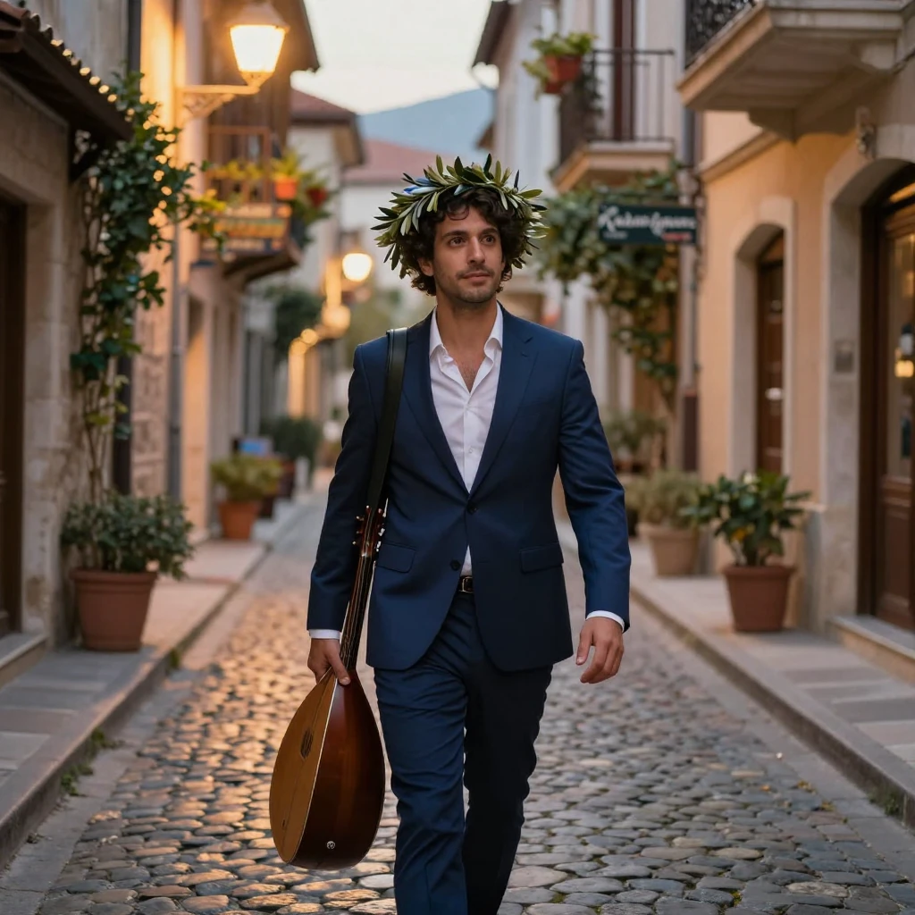 A newly married Greek musician walking home along a quiet lane in a narrow cobblestone alley