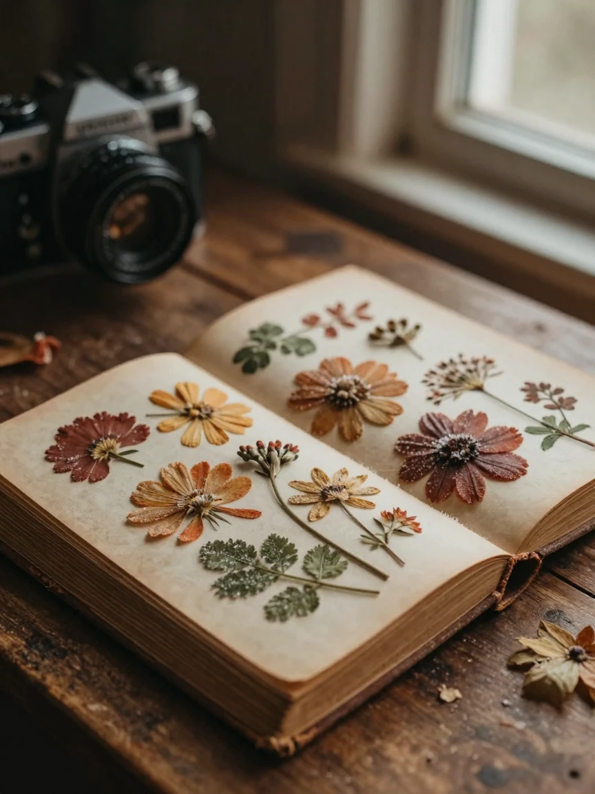 A collection of pressed flowers arranged inside an old book, in soft window light, with frost coating every surface, as summer fades into fall, in earthy terracotta and ochre shades, viewed from across the room.