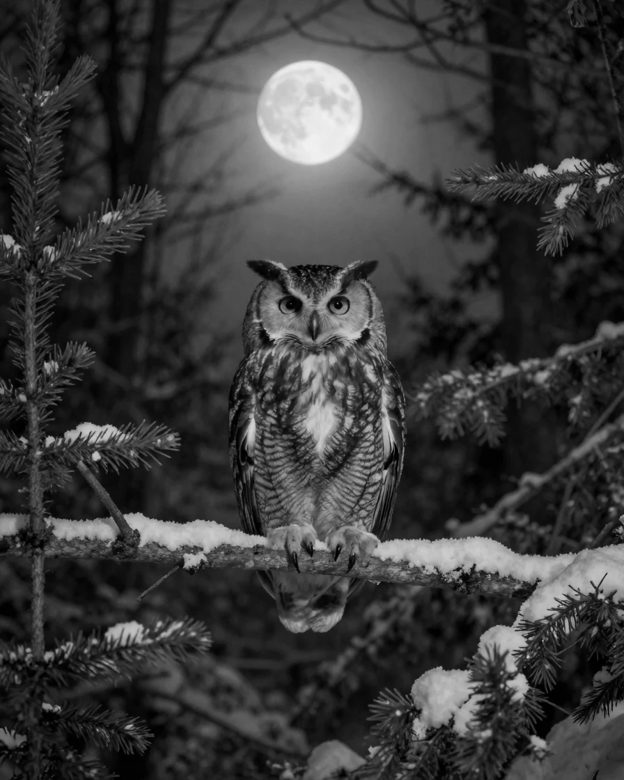 An owl perches silently on a moonlit branch atop a snow-dusted forest branch.