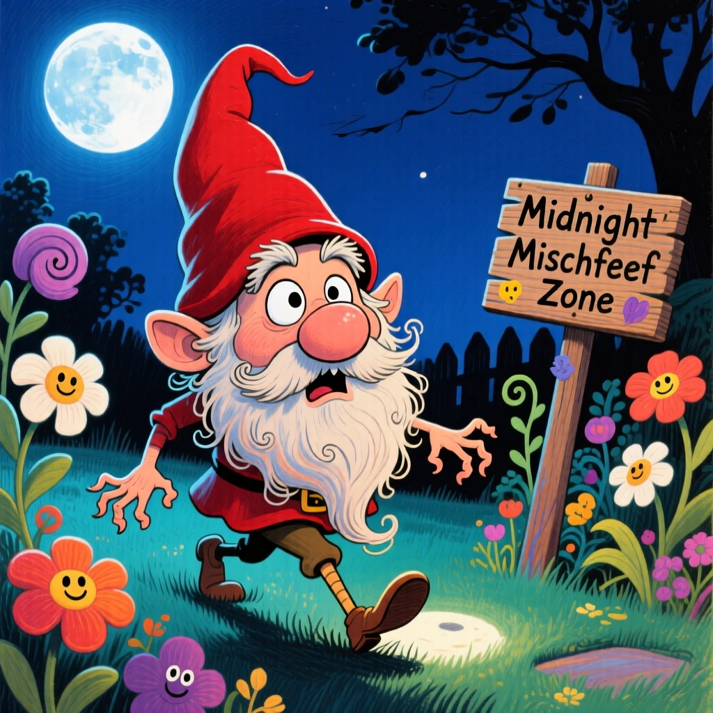 A garden gnome coming to life at midnight, tiptoeing through a moonlit yard.