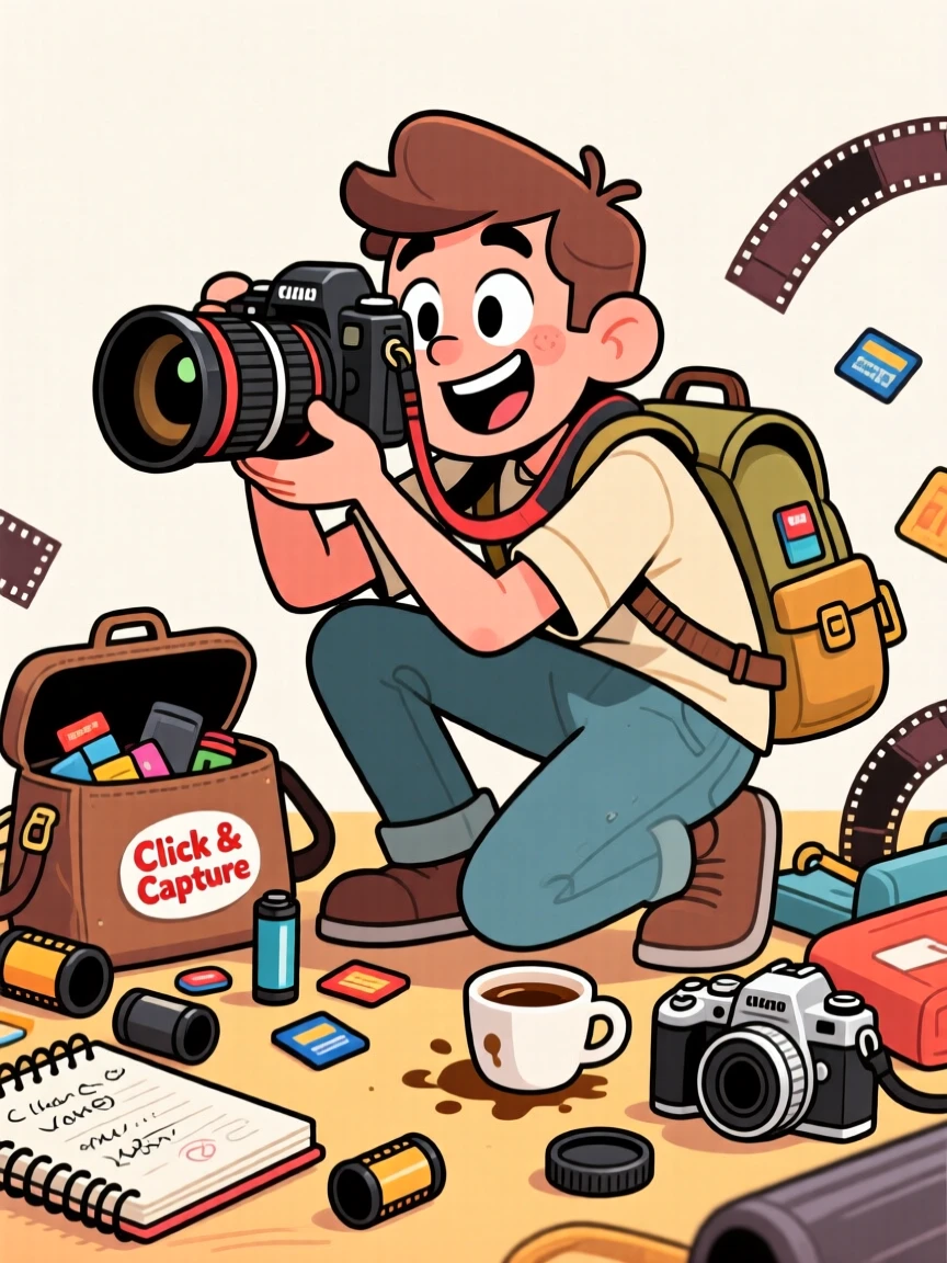 An everyday-life snapshot of a passionate photographer, losing track of time deep in concentration, surrounded by a delightful mess of supplies.