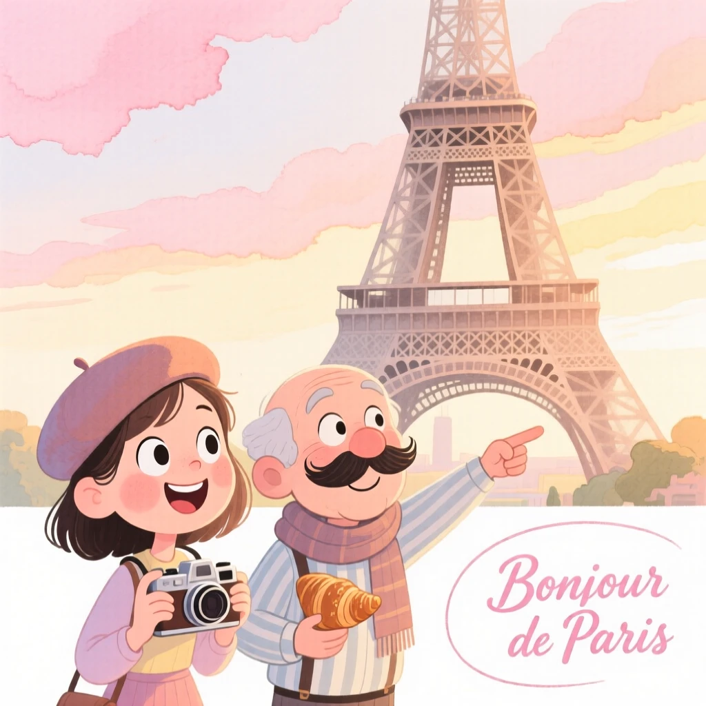 A dreamy travel postcard scene of the Eiffel Tower bathed in warm morning light