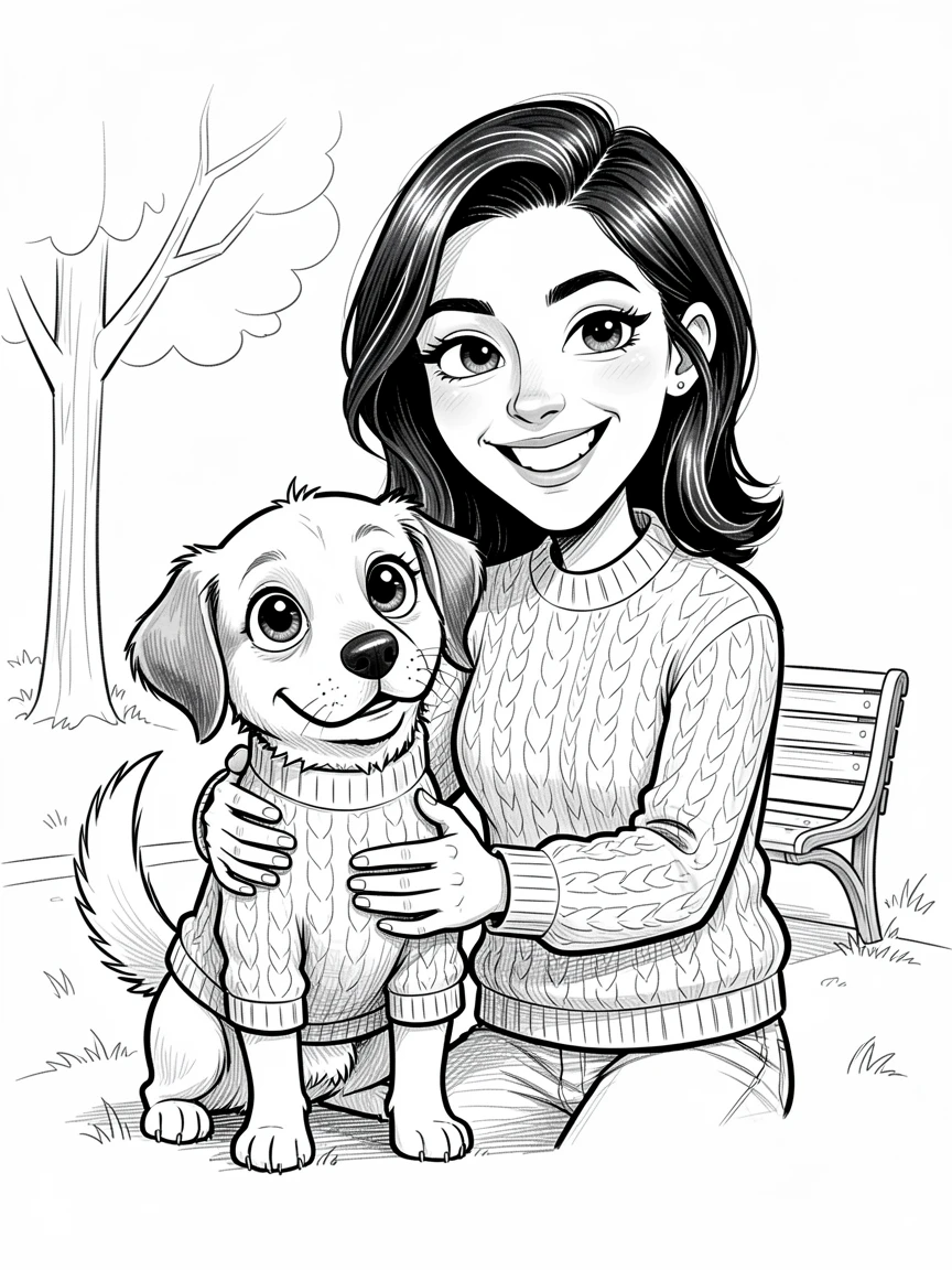 [Trending & Universal Topics] Modern lifestyle scene of a dog owner and their pup matching in cozy sweaters, capturing everyday joy