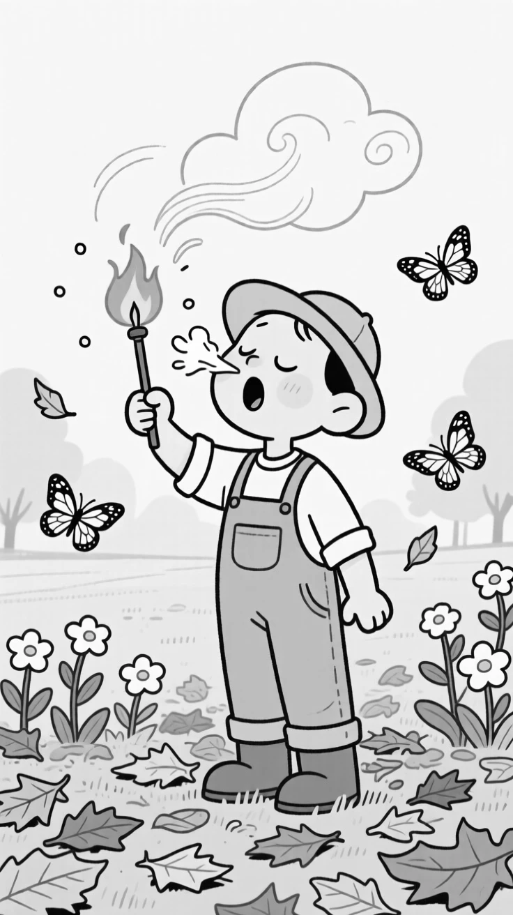 A gardener sneezing amid a cloud of pollen, waving the flaming marshmallow like a tiny torch, set in a park blanketed with fallen leaves. Butterflies drift lazily between the blossoms. There's a fresh, playful energy woven through the moment.